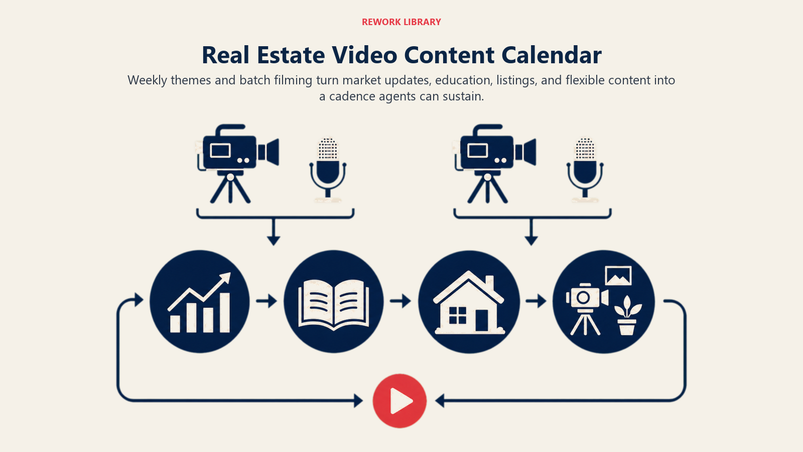 Real Estate Video Content Calendar illustrated as weekly content calendar fed by batch filming sessions