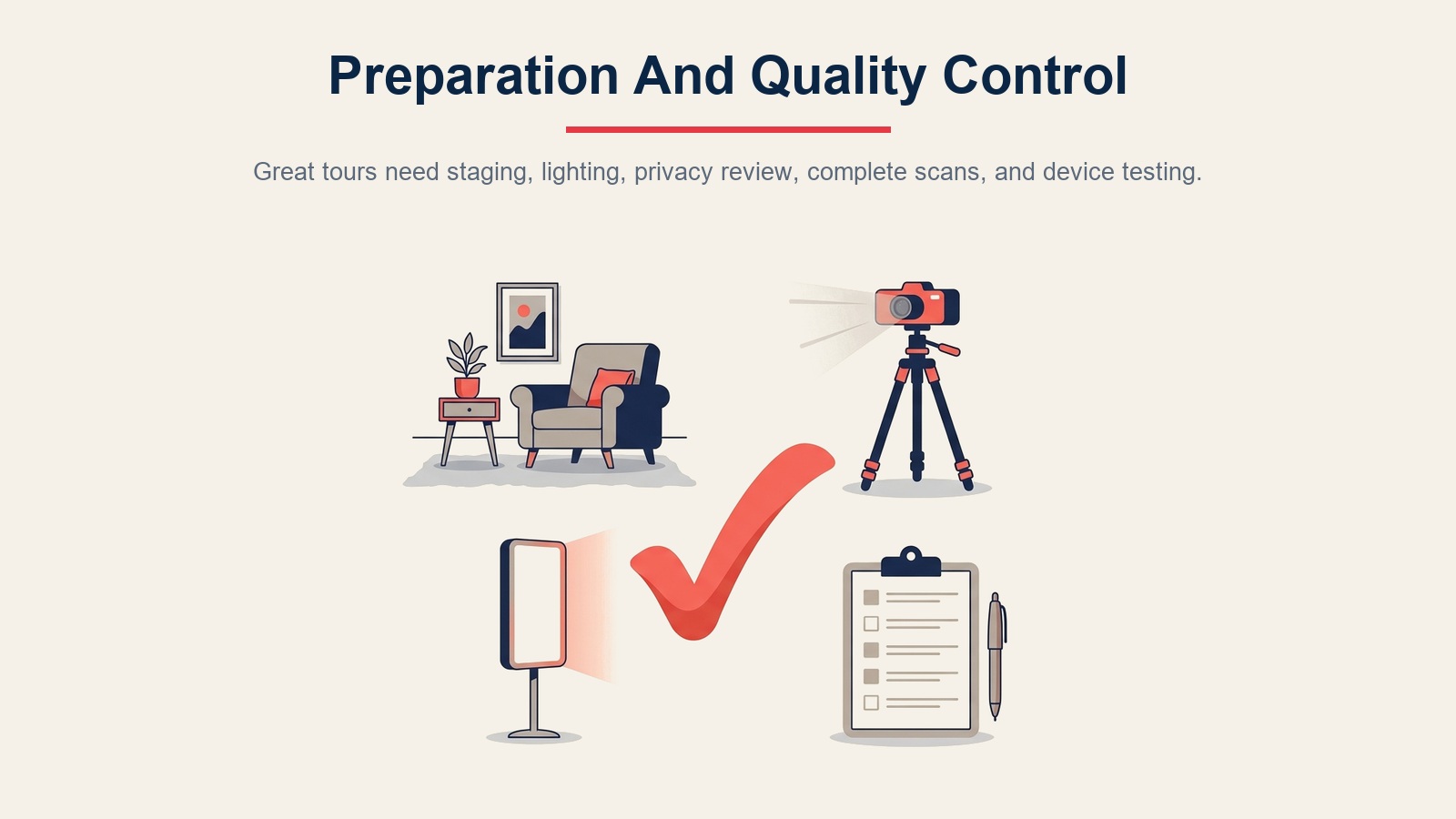 Virtual tour preparation and quality control for staging, lighting, privacy review, complete scans, and device testing