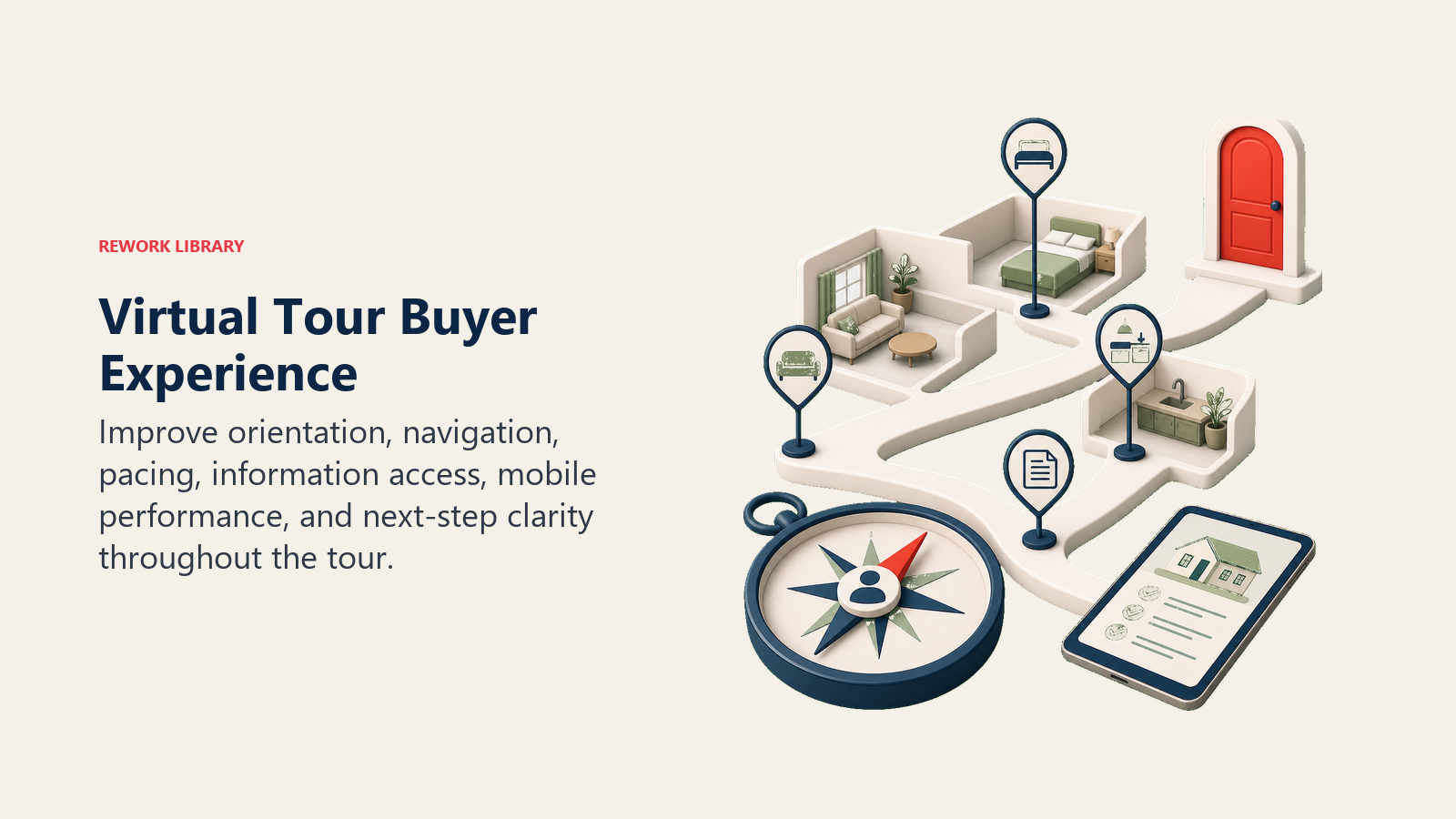Virtual Tour Buyer Experience: a buyer navigation compass inside a clean 3D home path with room markers, mobile tablet, information pins, and coral next-step door