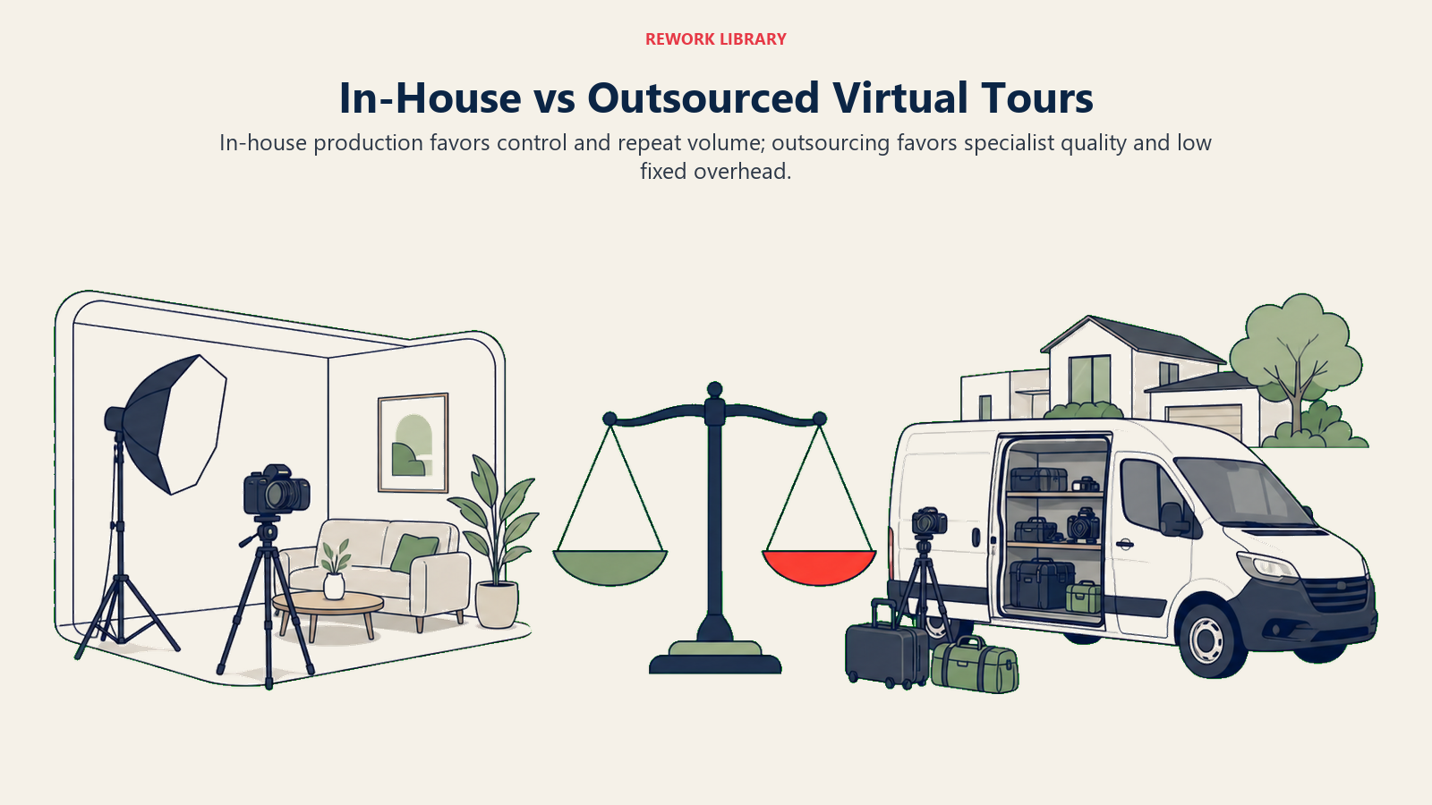 In-House vs Outsourced Virtual Tours: a wide direct comparison between an internal camera studio and an external specialist service van, joined by a decision scale