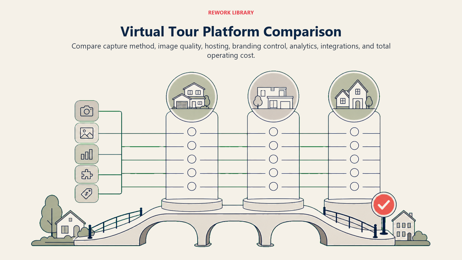 Virtual Tour Platform Comparison: a wide decision bridge comparing three blank virtual-tour platforms across capture, quality, analytics, integration, and cost markers