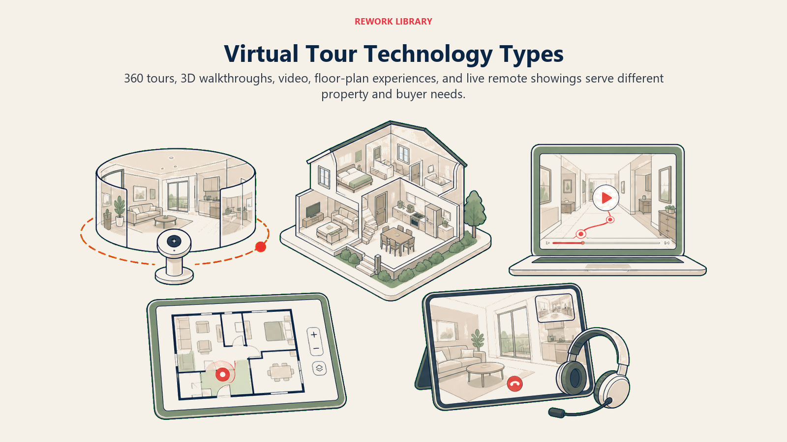 Virtual Tour Technology Types: a wide showroom of five distinct virtual-tour formats: panorama orbit, 3D dollhouse, video path, interactive floor plan, and live guided viewing