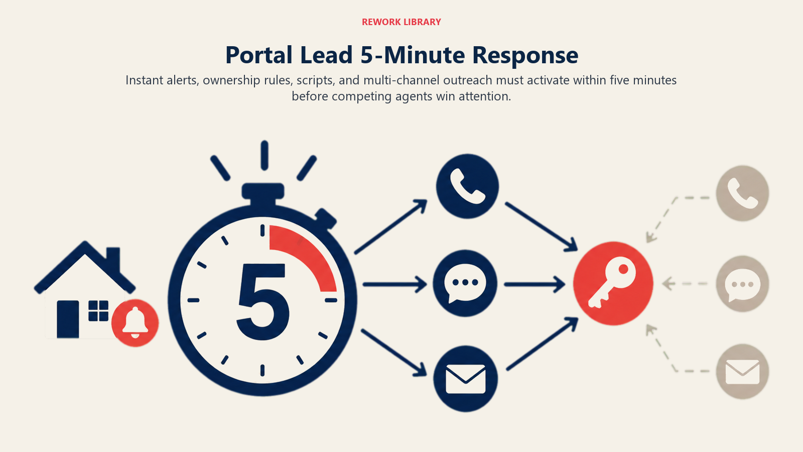 Portal Lead 5-Minute Response illustrated as five-minute response clock dispatching phone text and email