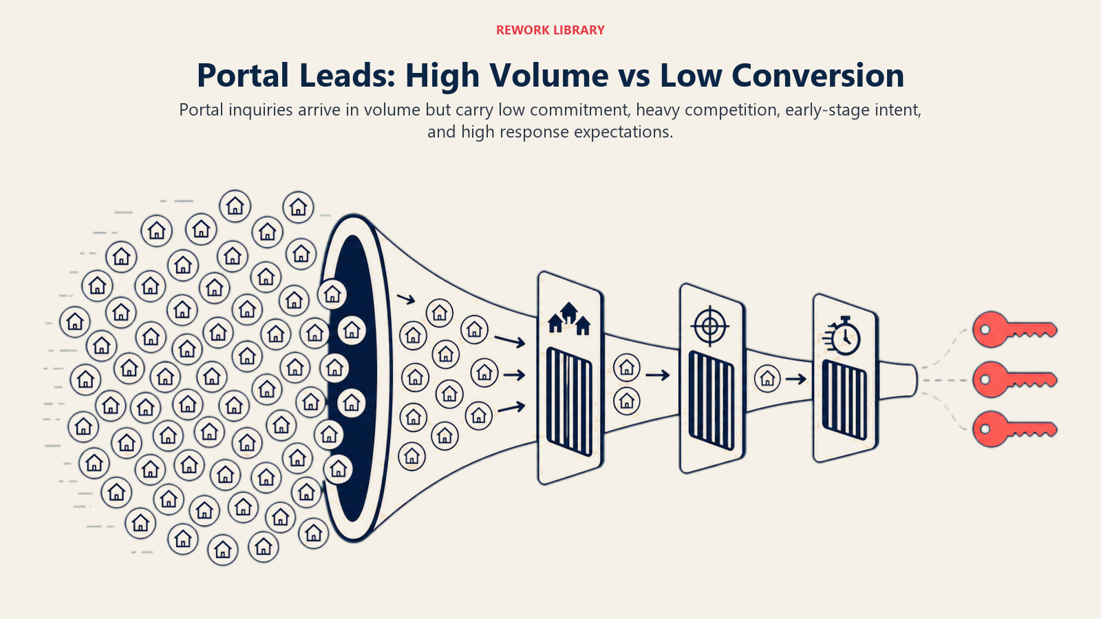 Portal Leads: High Volume vs Low Conversion illustrated as wide flood of inquiry tokens narrowed to a few qualified keys