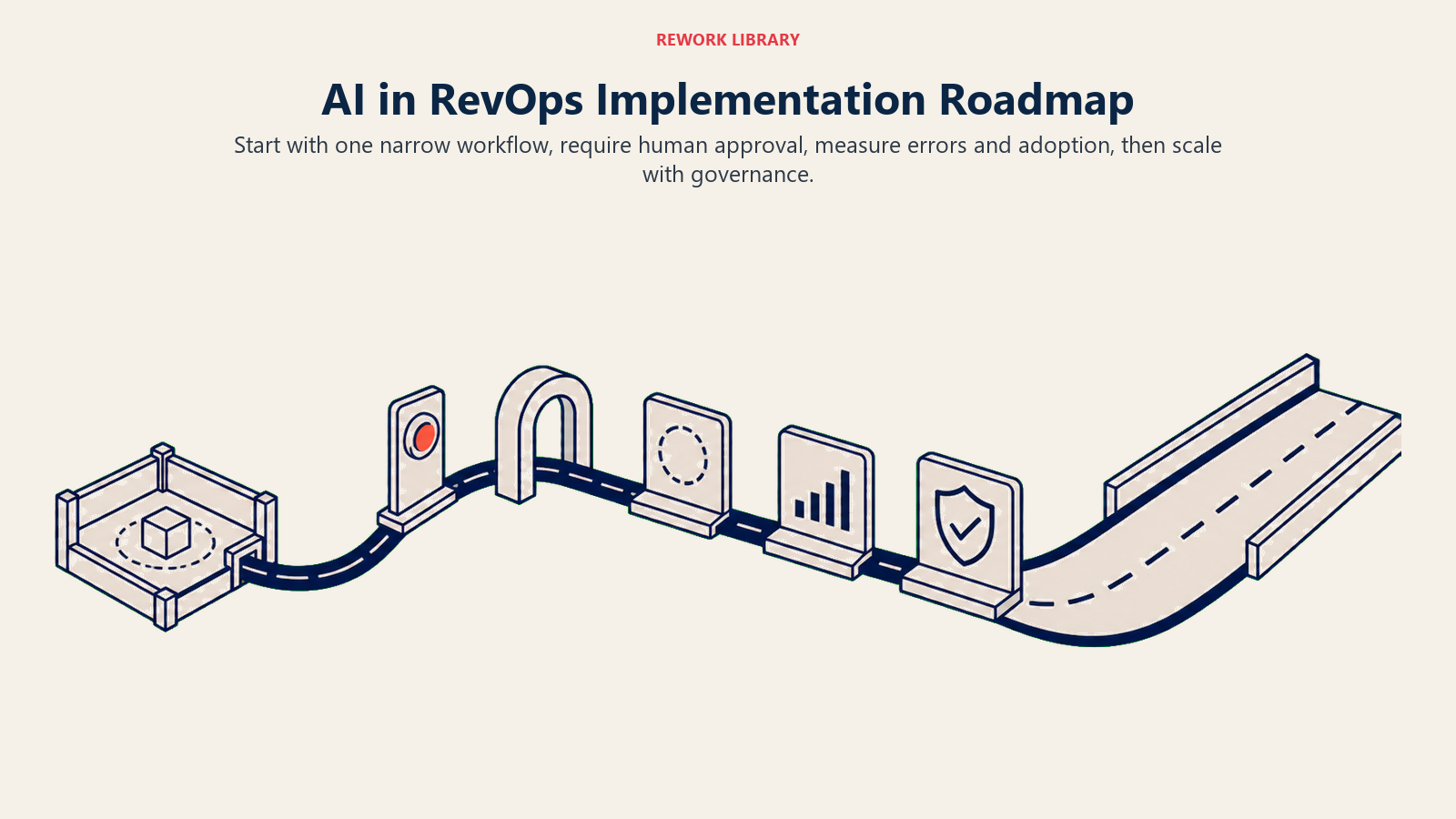 AI in RevOps Implementation Roadmap illustrated with governed AI rollout route