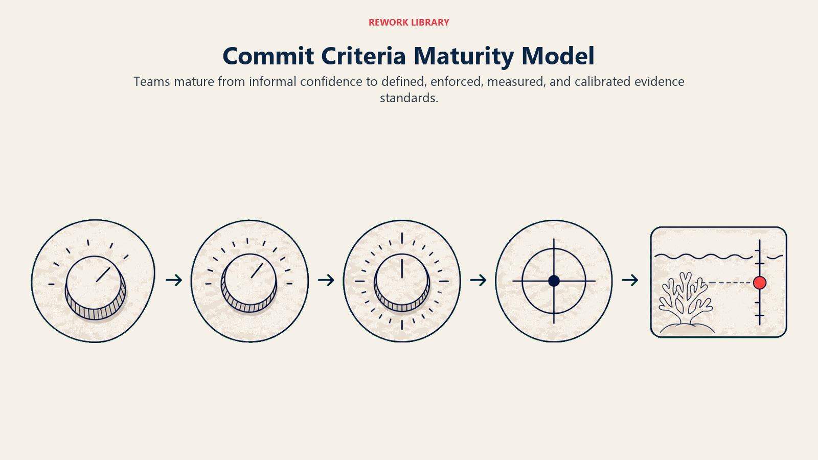 Commit Criteria Maturity Model illustrated with a wide five-stage calibration instrument moving from a loose dial to a precisely aligned coral forecast marker