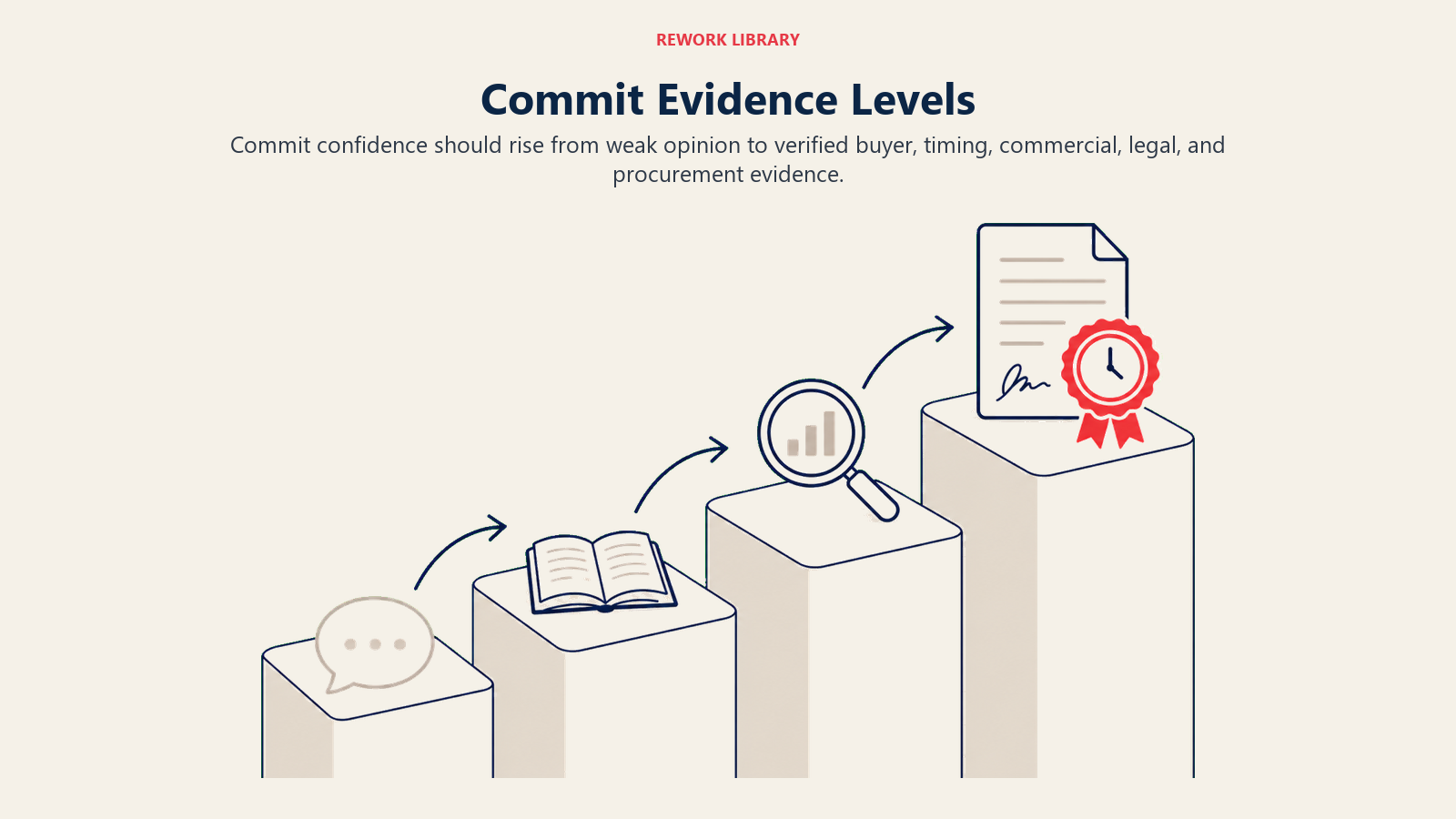 Commit Evidence Levels illustrated with a wide four-level evidence staircase progressing from a faint speech bubble token to a strong coral contract-and-timing seal