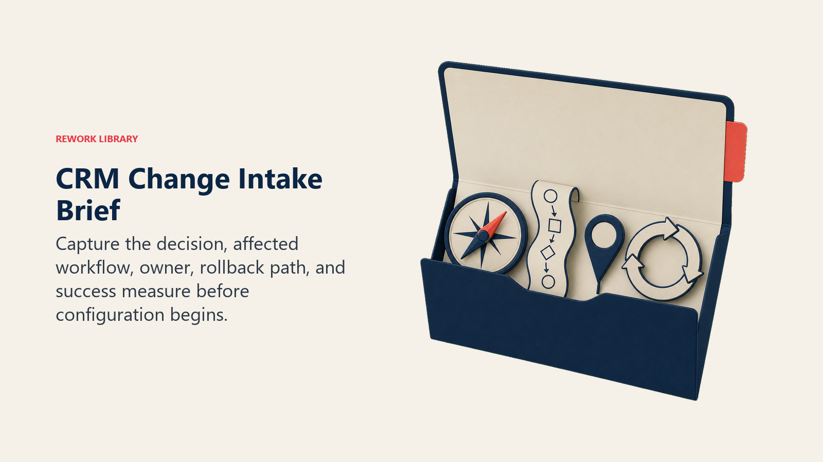 CRM Change Intake Brief illustrated with intake folder and evidence pieces