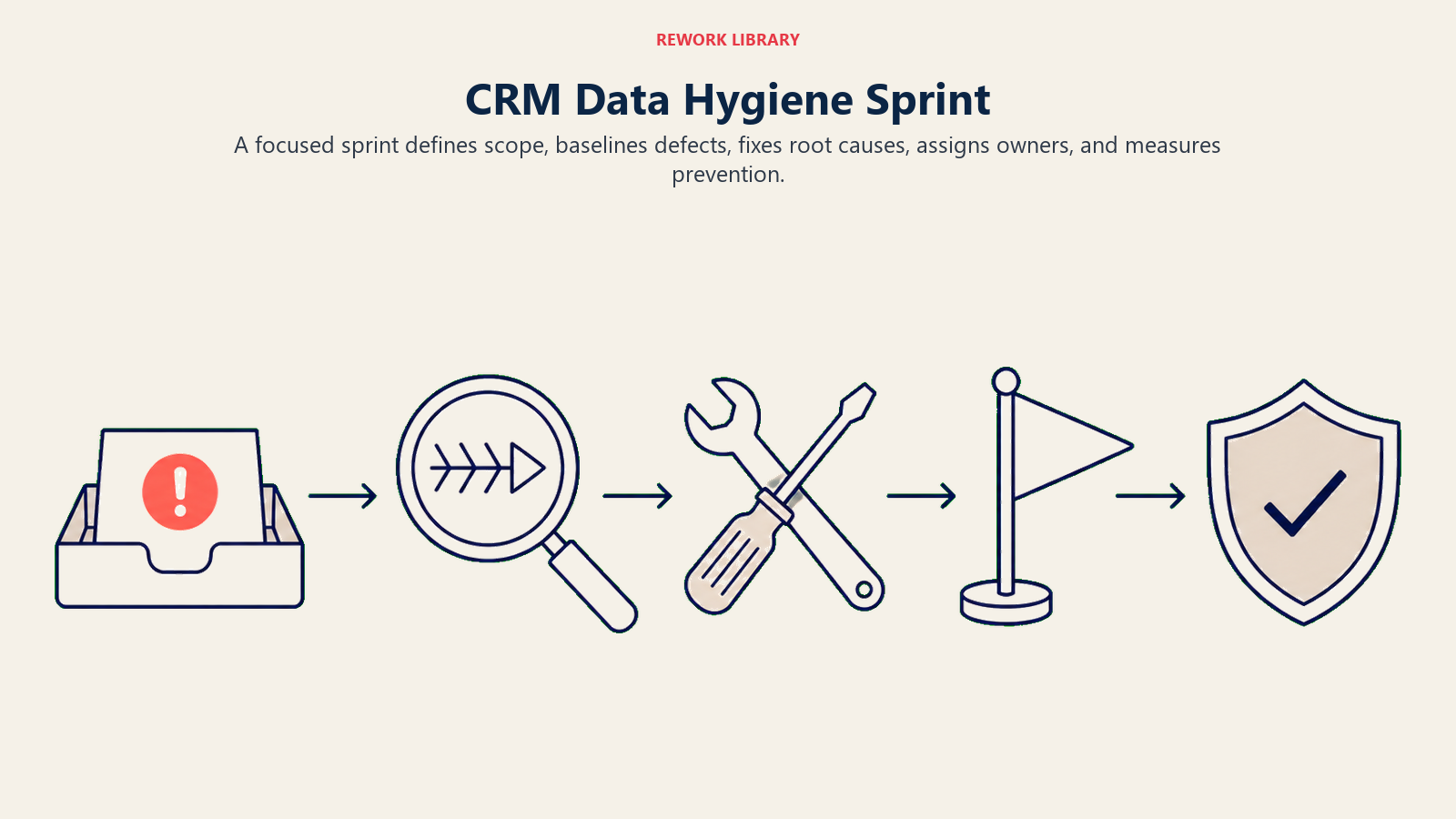 CRM Data Hygiene Sprint illustrated with a wide sprint workbench moving from defect tray to root-cause lens to repair tool to owner flag to prevention shield