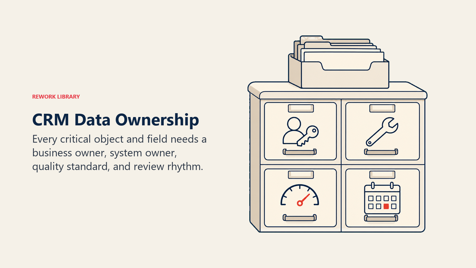 CRM Data Ownership illustrated with a clean record cabinet with separate business-owner key, system wrench, quality gauge, and review calendar