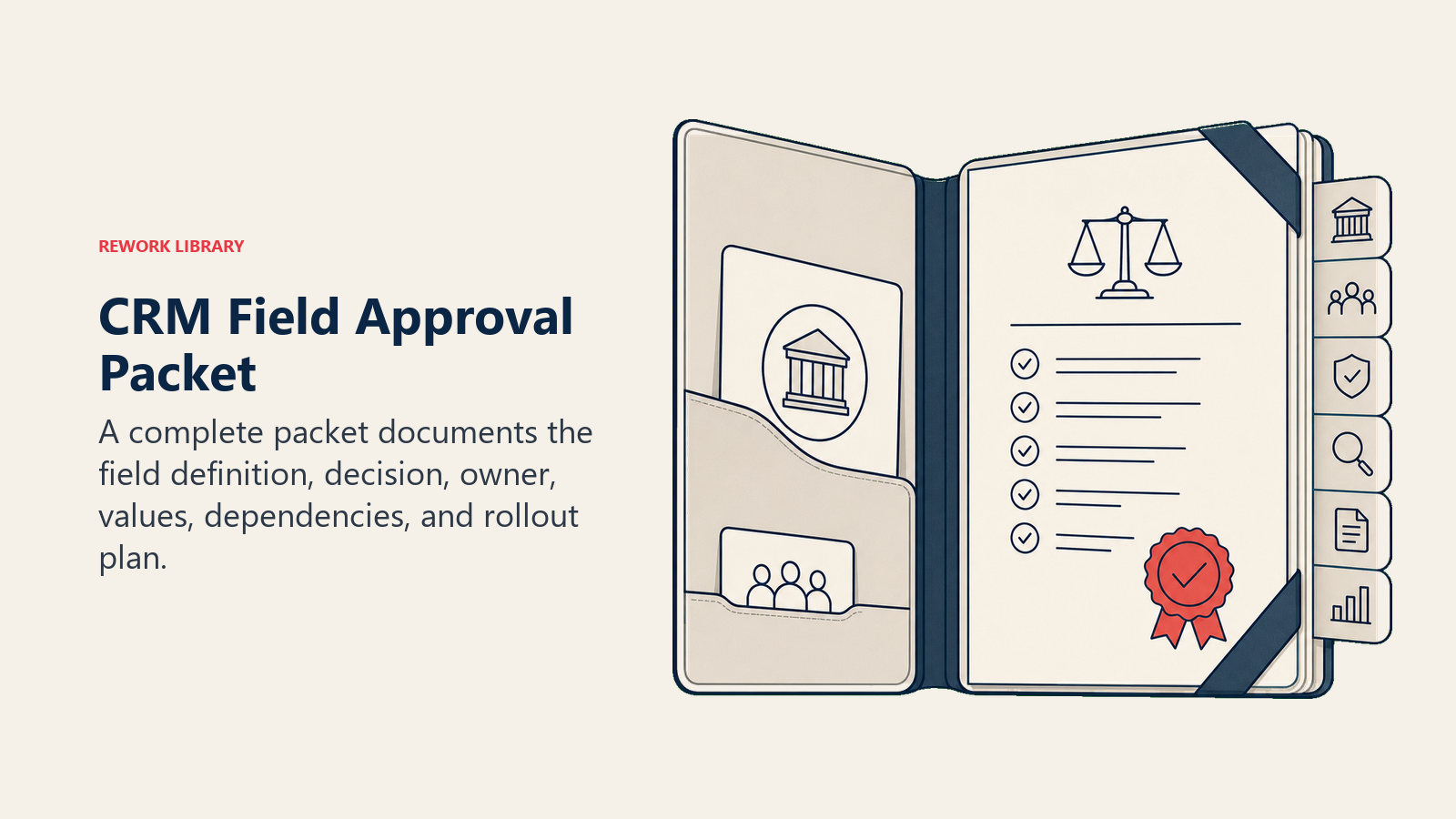 CRM Field Approval Packet visual showing an open governance folio with six orderly tabs and one coral approval seal, shown as a single editorial object