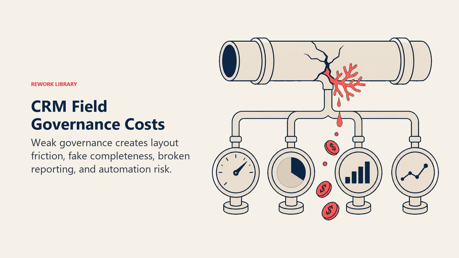 CRM Field Governance Costs visual showing a cracked data pipe feeding four downstream instruments, with one coral leak showing the hidden operating cost