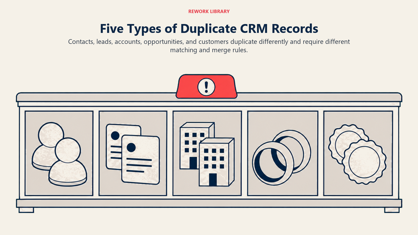 Five Types of Duplicate CRM Records illustrated with five duplicate collision pairs