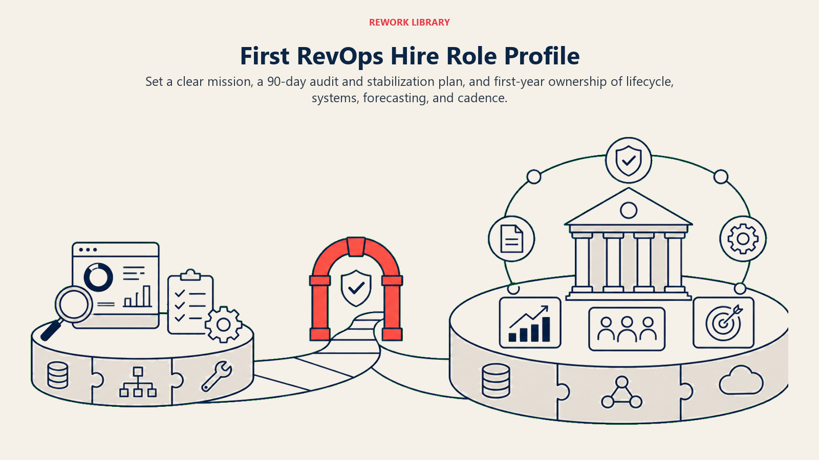 First RevOps hire role profile from 90-day stabilization to year-one governance