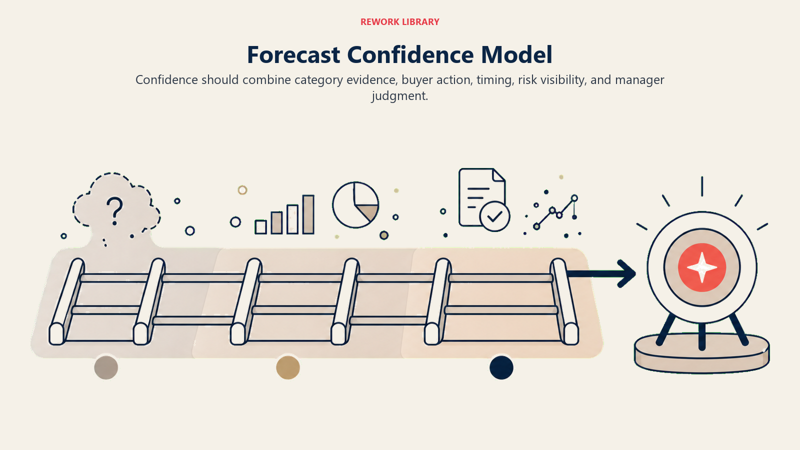 Forecast Confidence Model visual showing a wide confidence ladder with low, medium, and high evidence zones leading to one calibrated forecast marker