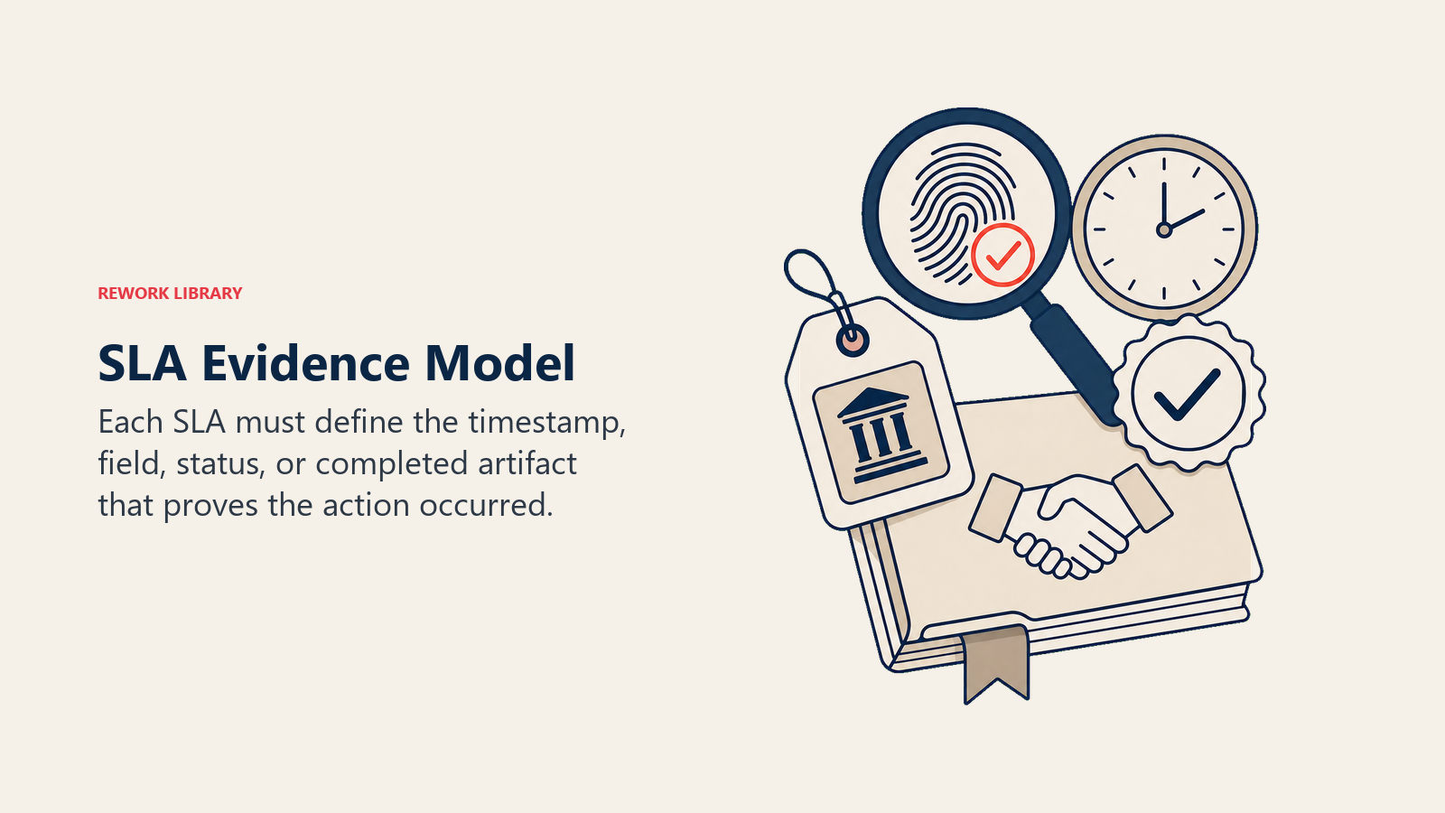 SLA Evidence Model visual showing an evidence stamp checking a timestamp, field token, status marker, and completed handoff artifact