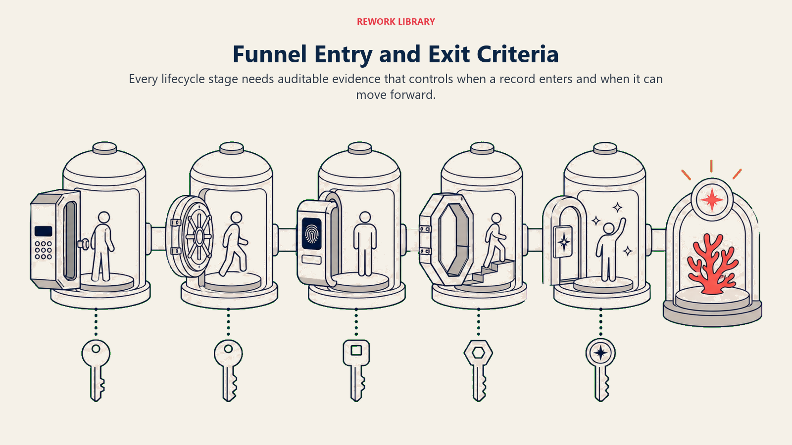 Funnel Entry and Exit Criteria illustrated with a wide sequence of lifecycle chambers, each with a distinct entry lock and exit key, moving toward one coral completion point