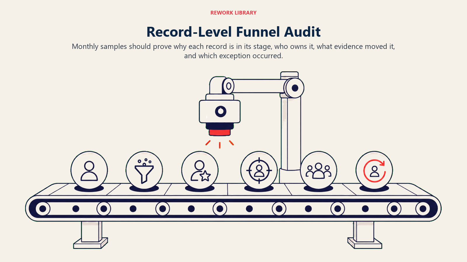 Record-Level Funnel Audit illustrated with a wide audit conveyor carrying lead, MQL, SQL, opportunity, customer, and renewal tokens beneath one inspection arm