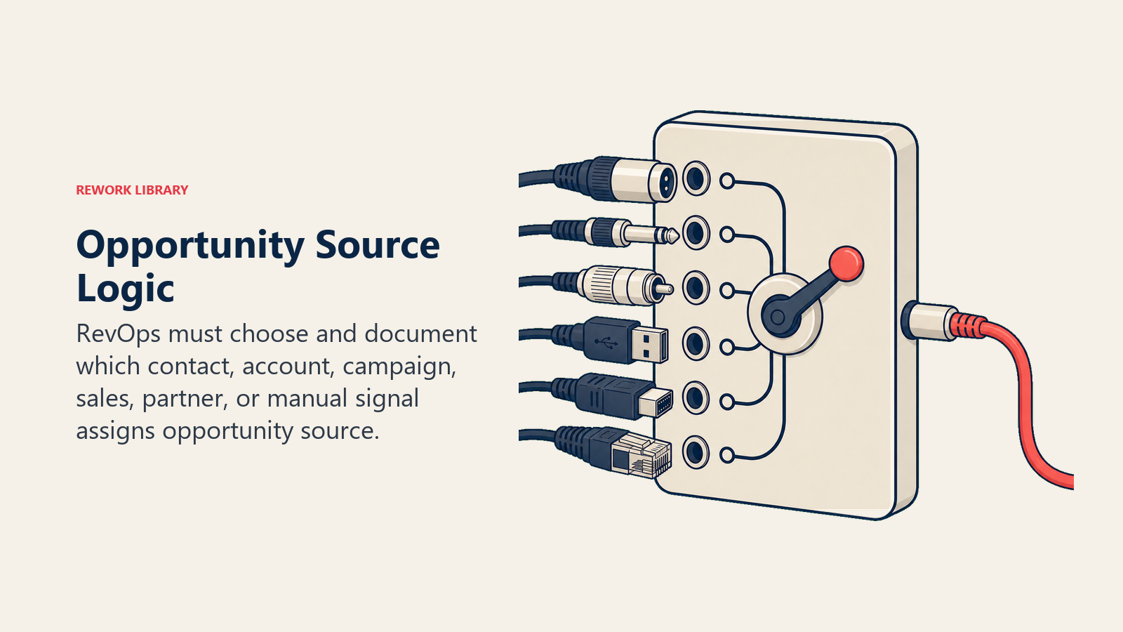 Opportunity Source Logic illustrated with a source-selection switchboard with six distinct physical input plugs and one coral output cable, no UI or labels
