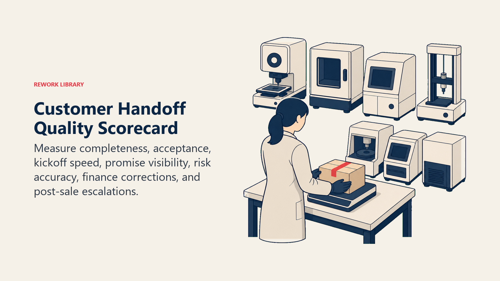 Customer Handoff Quality Scorecard illustrated with a receiver-side inspection bench weighing a handoff package against seven large quality instruments, no numbers or text