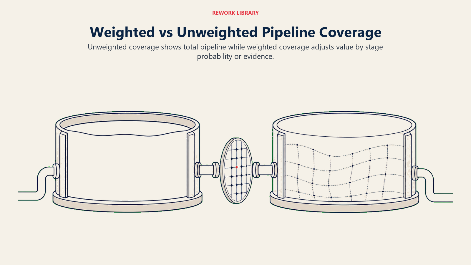 Weighted vs Unweighted Pipeline Coverage illustrated with two wide pipeline reservoirs on equal baselines, one full-value and one filtered through a probability mesh