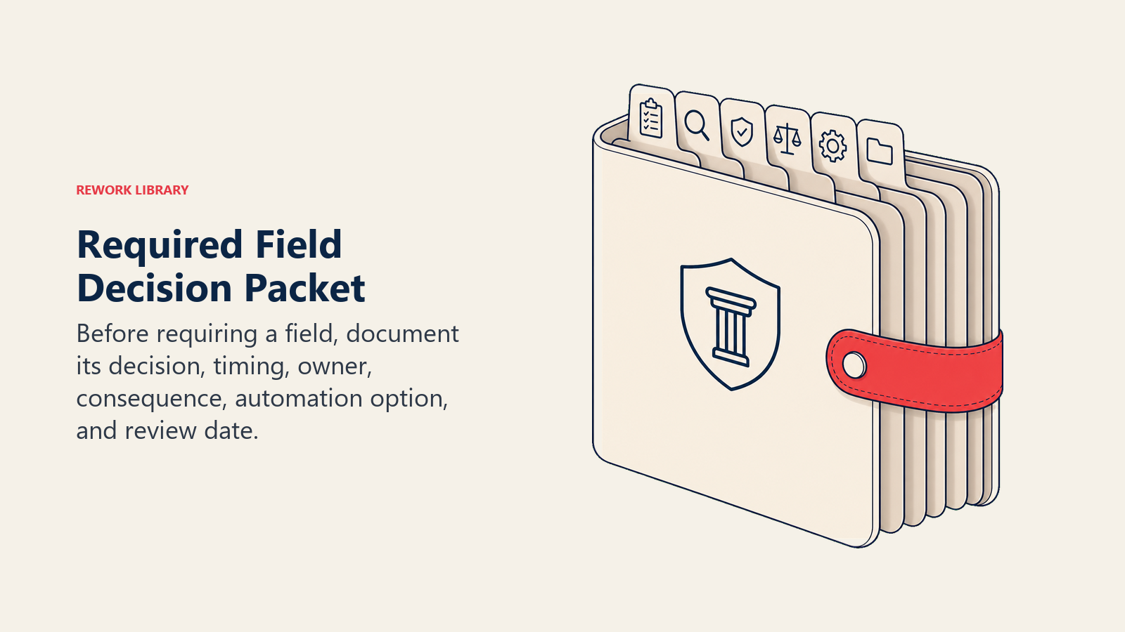 Required Field Decision Packet illustrated with a compact field-governance packet with six large evidence tabs and one coral requirement clasp