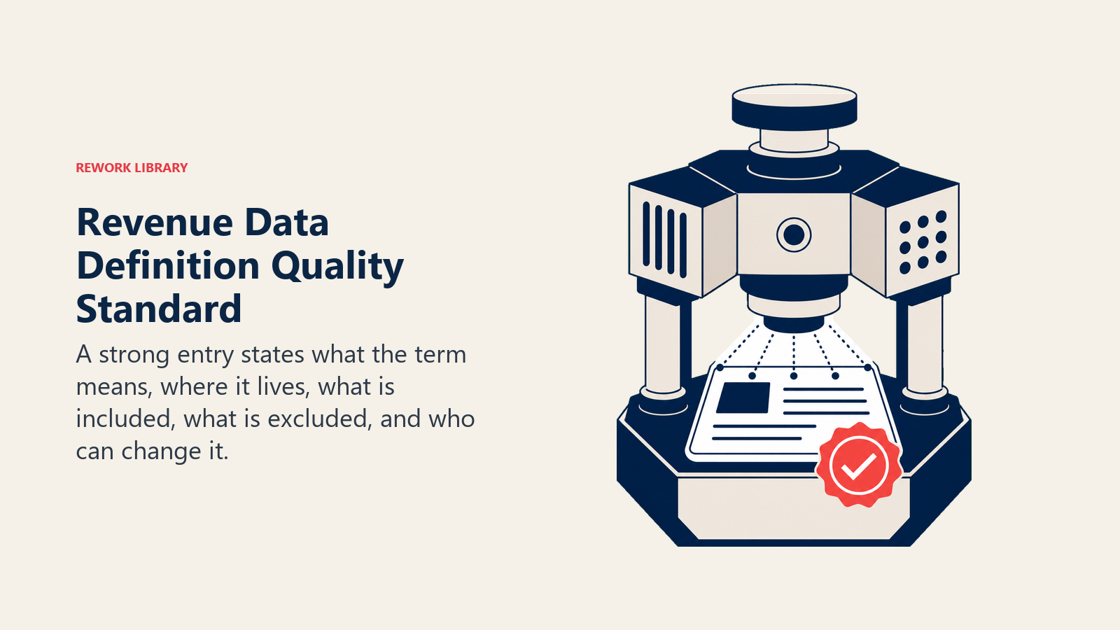 Five-part quality standard turning an ambiguous revenue term into a governed definition