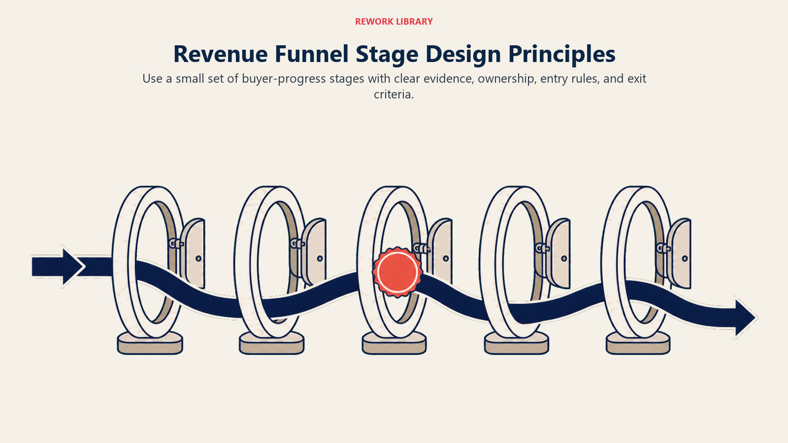 Revenue Funnel Stage Design Principles illustrated with evidence-gated funnel route