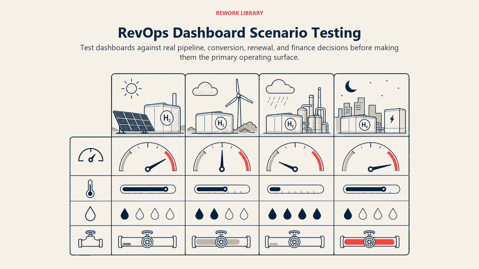 RevOps Dashboard Scenario Testing illustrated with a wide simulation table with four scenario lanes testing the same dashboard instrument under distinct operating conditions
