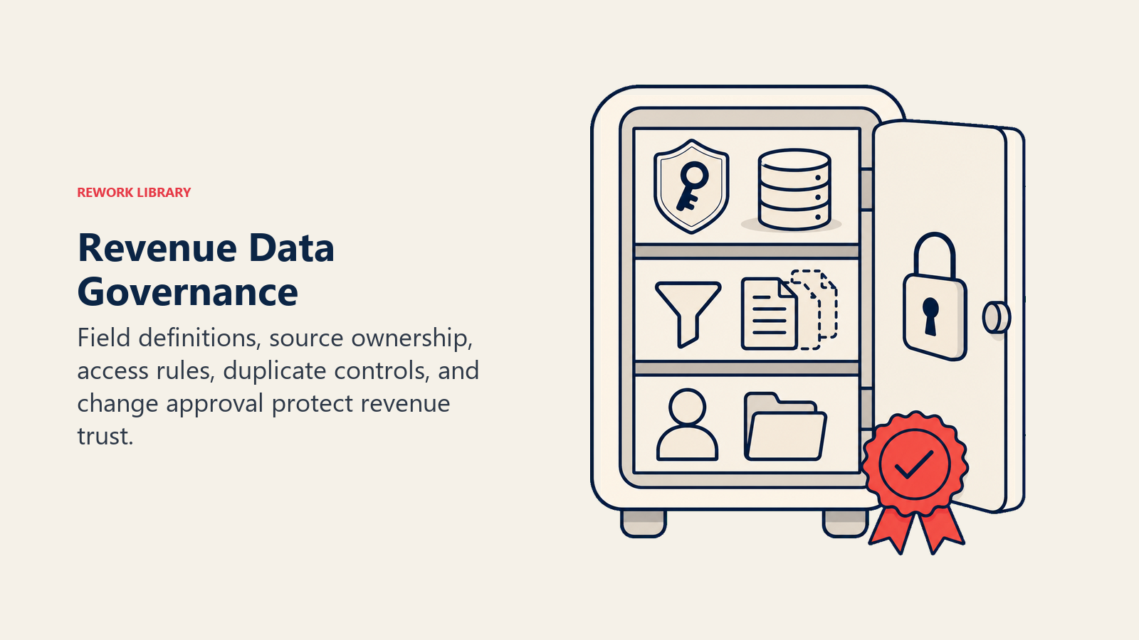 Revenue Data Governance illustrated with a governed data cabinet with a source-of-truth key, duplicate filter, access lock, and one coral approval seal