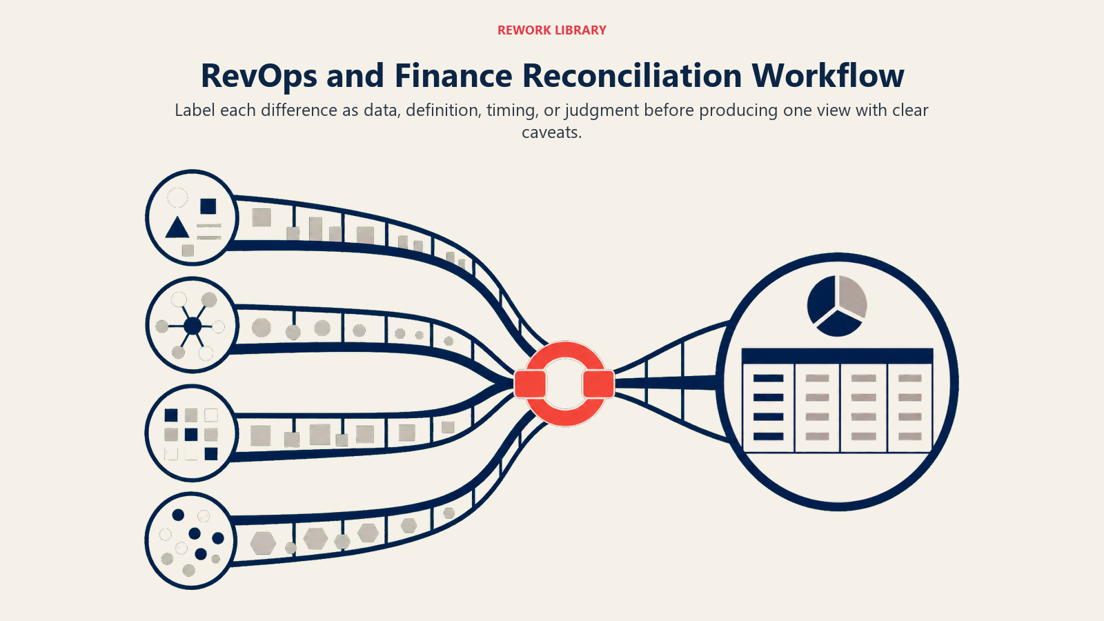 RevOps and Finance Reconciliation Workflow illustrated with four-channel reconciliation bridge