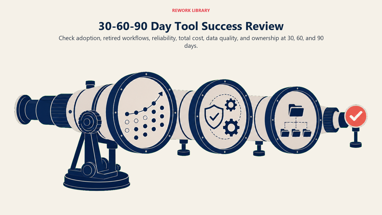 30-60-90 Day Tool Success Review illustrated with three-window post-launch review