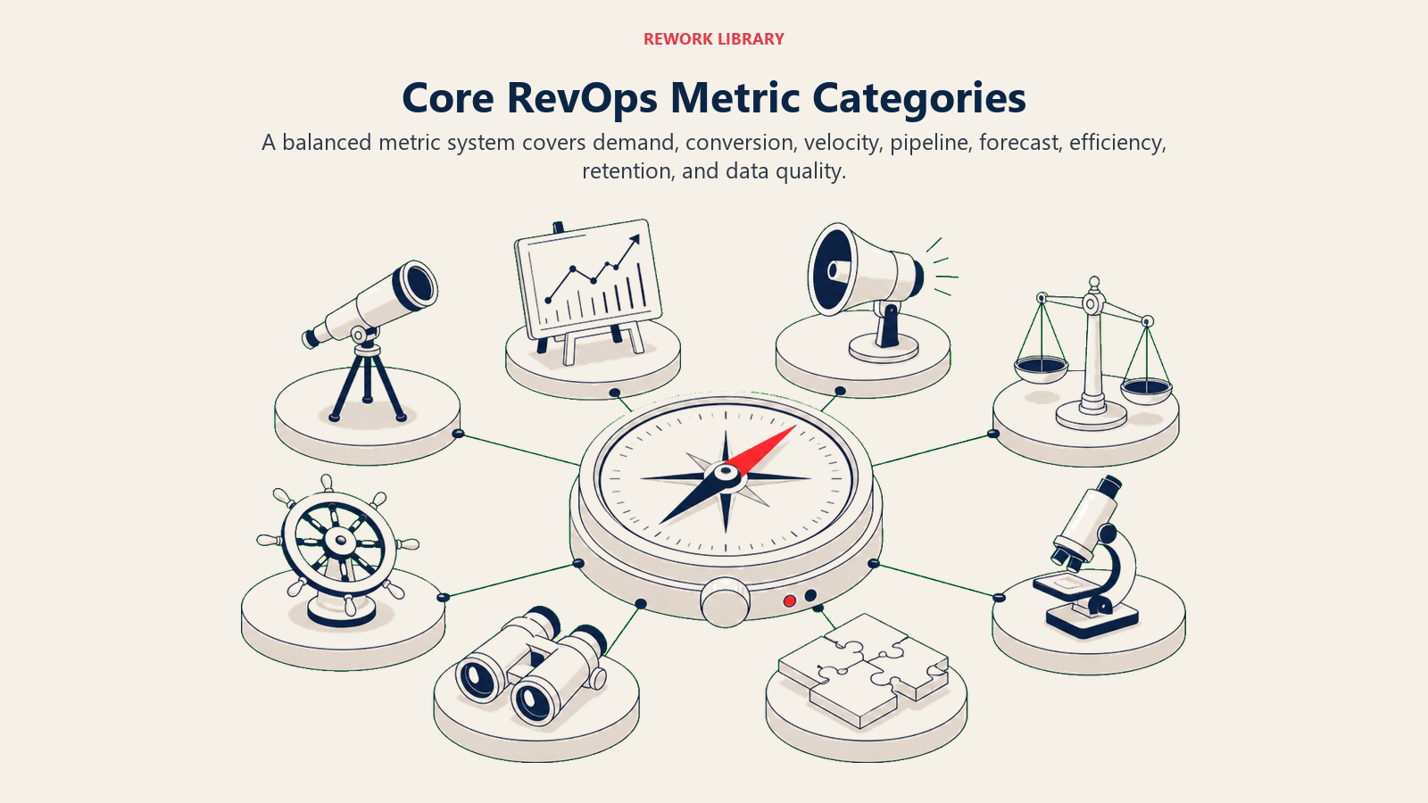 Core RevOps Metric Categories illustrated with eight large category instruments arranged as an airy control bench around one restrained revenue compass