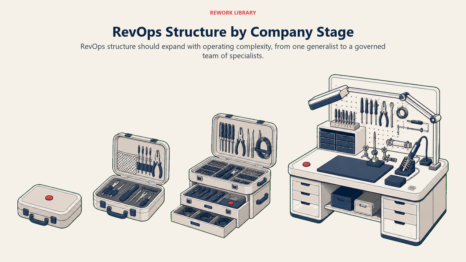 RevOps Structure by Company Stage illustrated with a wide four-stage set of nested toolkits growing from one compact case into a coordinated specialist workshop