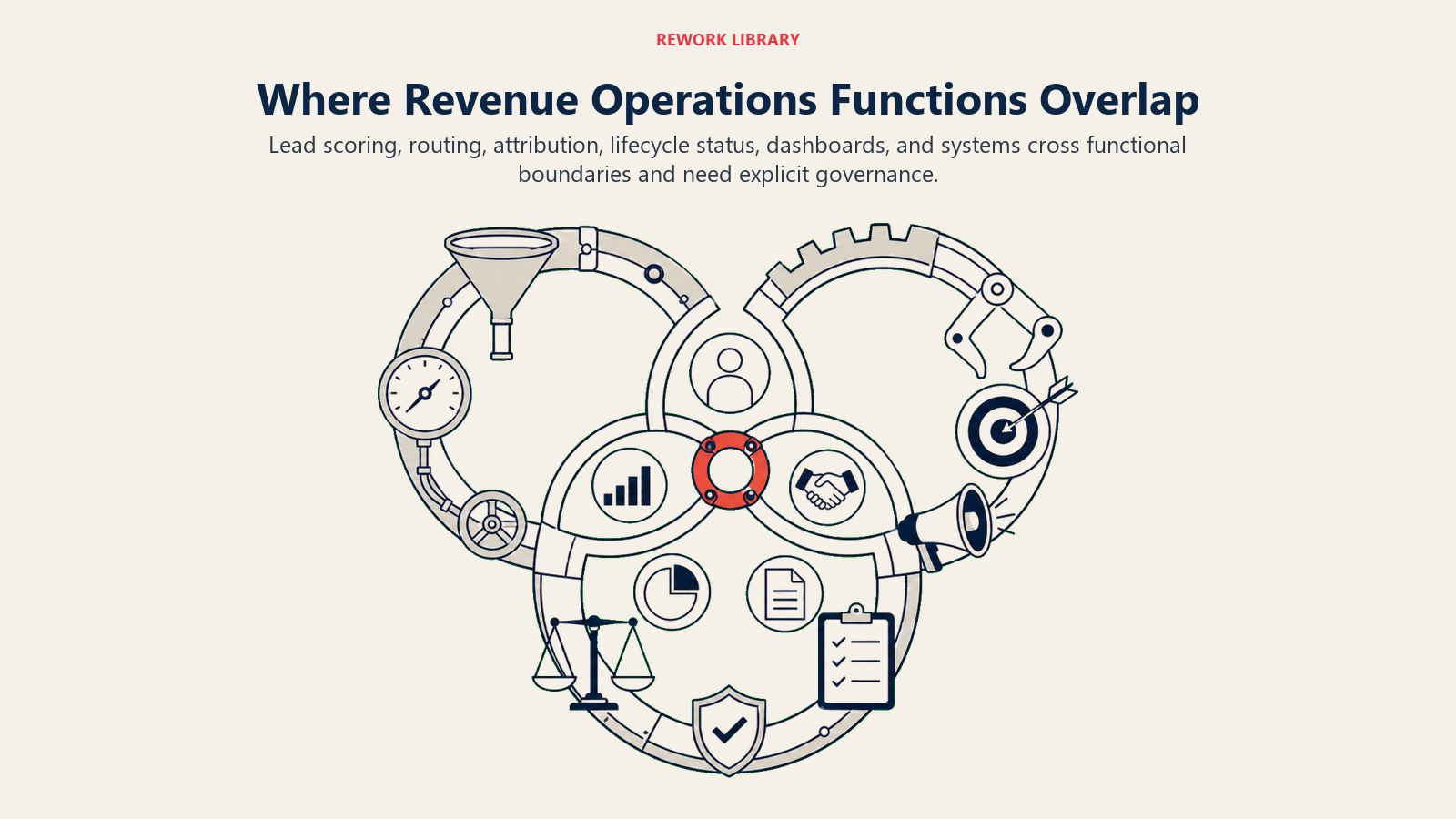 RevOps, Marketing Ops, and Sales Ops overlapping around six shared operating areas