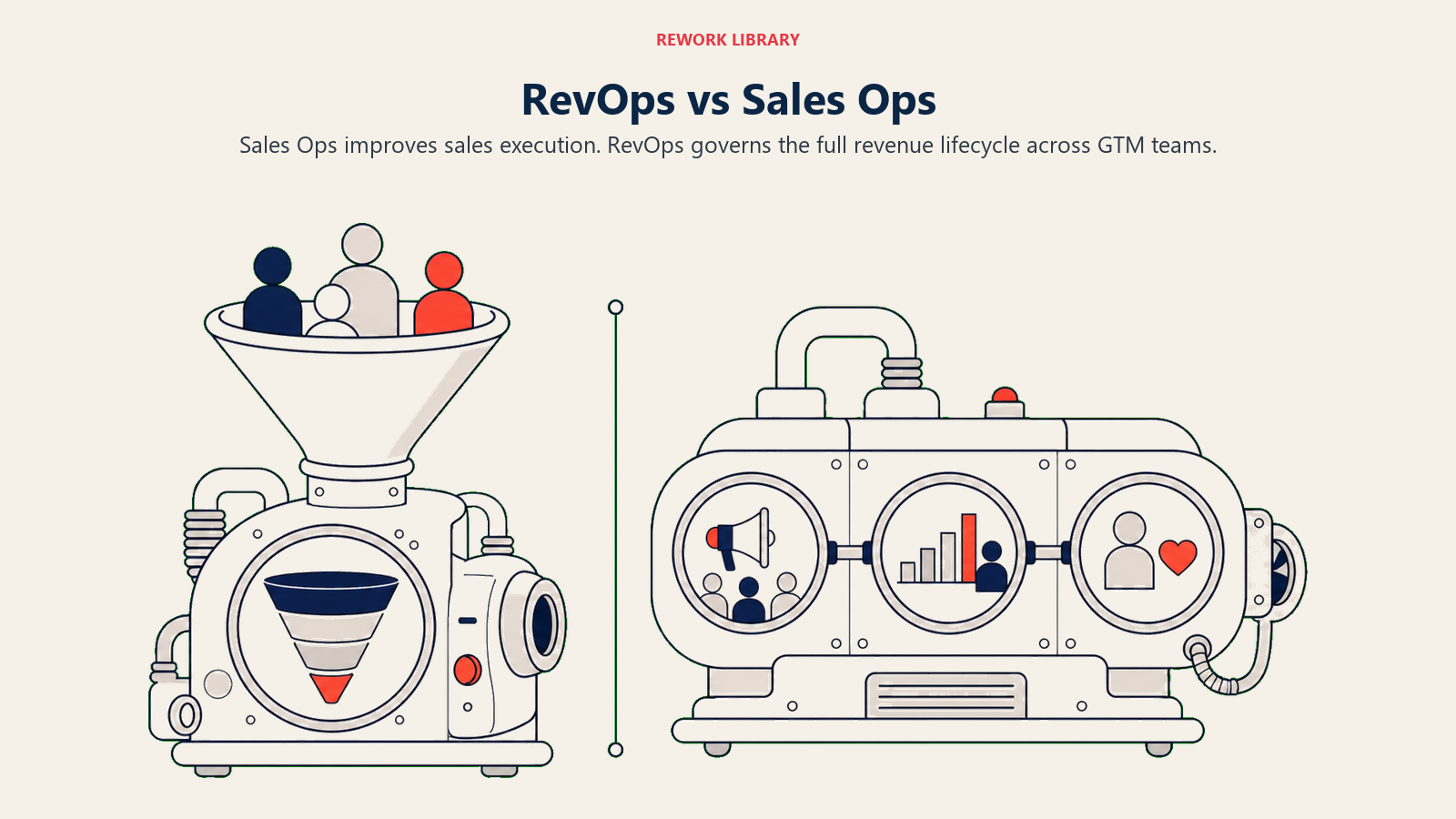 RevOps vs Sales Ops visual showing two distinct rounded engines, one focused on a sales funnel and one spanning marketing, sales, and customer success, balanced across a central divider