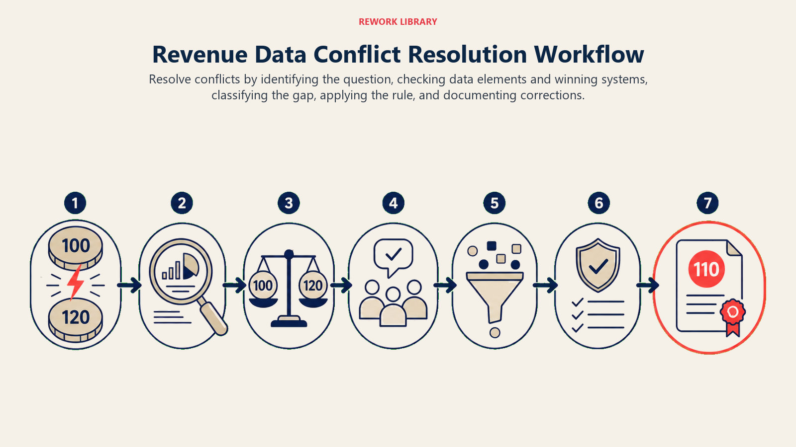 Revenue Data Conflict Resolution Workflow illustrated with a wide seven-step reconciliation route that merges two conflicting number tokens into one governed coral decision record