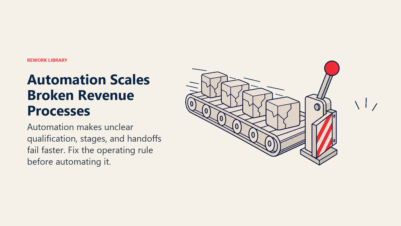 Automation Scales Broken Revenue Processes illustrated with a fast conveyor multiplying cracked process blocks until a manual stop lever halts the line before a clean redesigned block