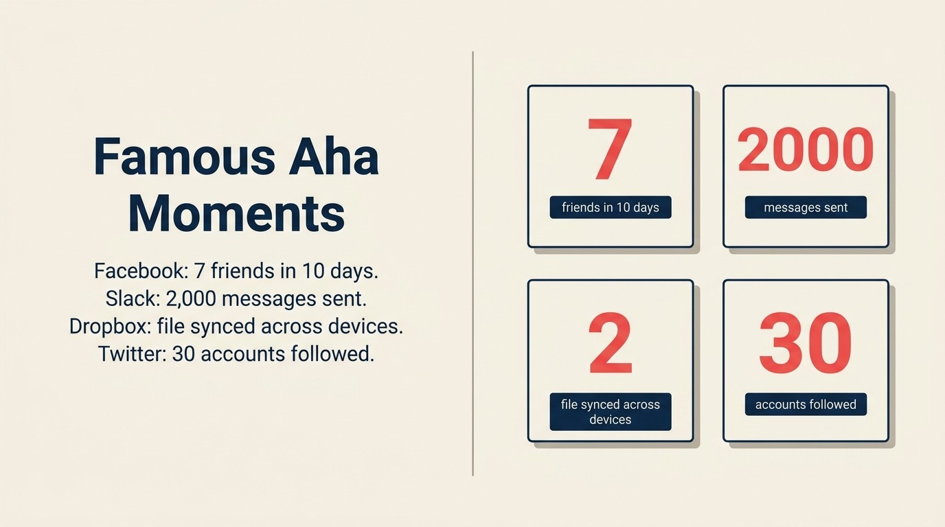 Famous aha moment examples from Facebook, Slack, Dropbox and Twitter showing specific activation metrics