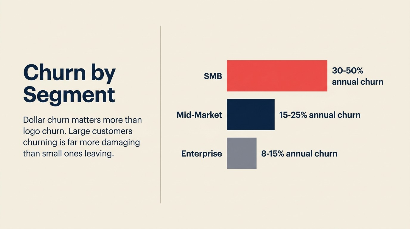 Logo churn versus dollar churn comparison and segment-specific annual churn rate benchmarks