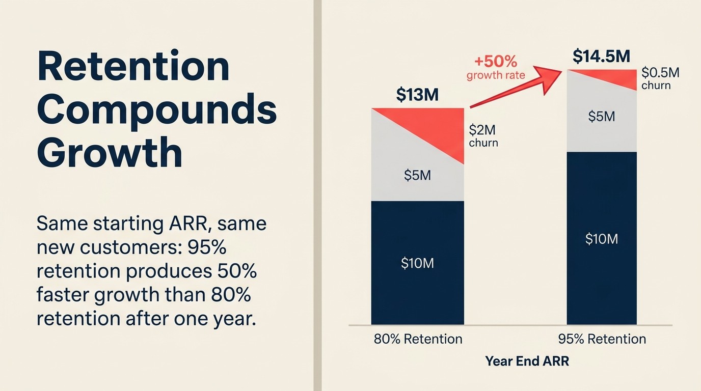 Chart comparing 80% versus 95% annual retention showing how a 15-point difference compounds into 50% higher growth