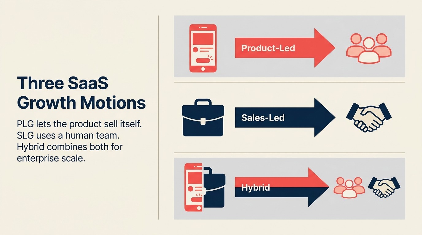 Three B2B SaaS growth motions -- product-led, sales-led, and hybrid -- shown as distinct strategic tracks