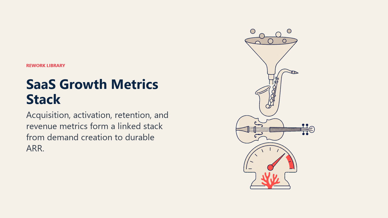 SaaS Growth Metrics Stack illustrated with four sparse labeled-free metric layers shaped as instruments, building from acquisition base to a coral revenue gauge