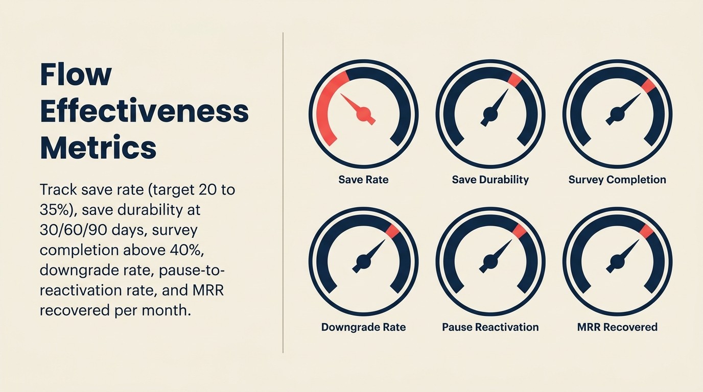Cancellation flow metrics dashboard tracking save rate and durability