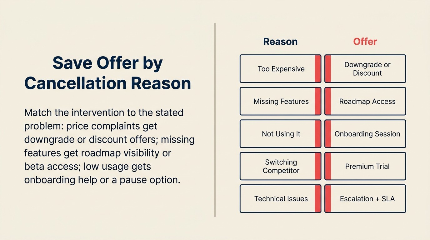 Save offer matrix mapping cancellation reasons to targeted retention interventions