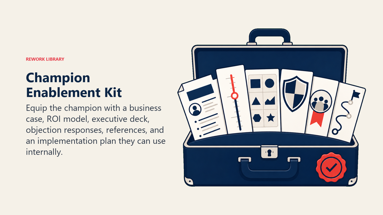 Champion Enablement Kit illustrated with a purpose-built advocate briefcase with six practical sales-enablement artifacts