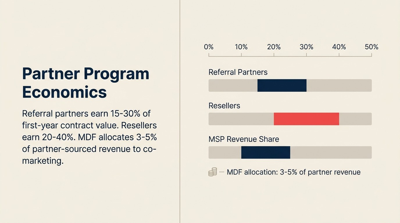 Partner program economics - commission tiers, MDF allocation, and revenue share model