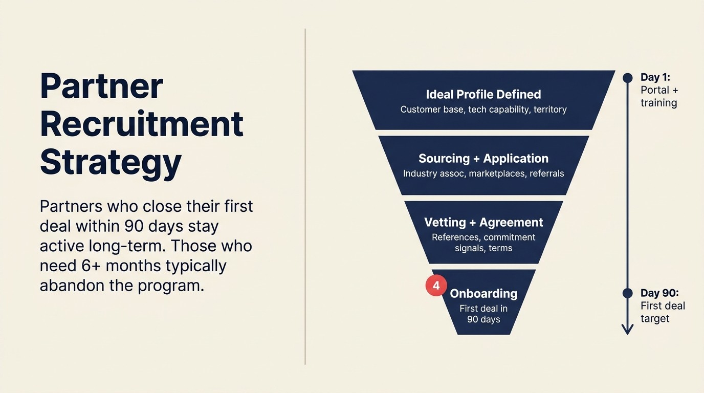 Partner recruitment funnel - ideal profile, sourcing channels, onboarding timeline