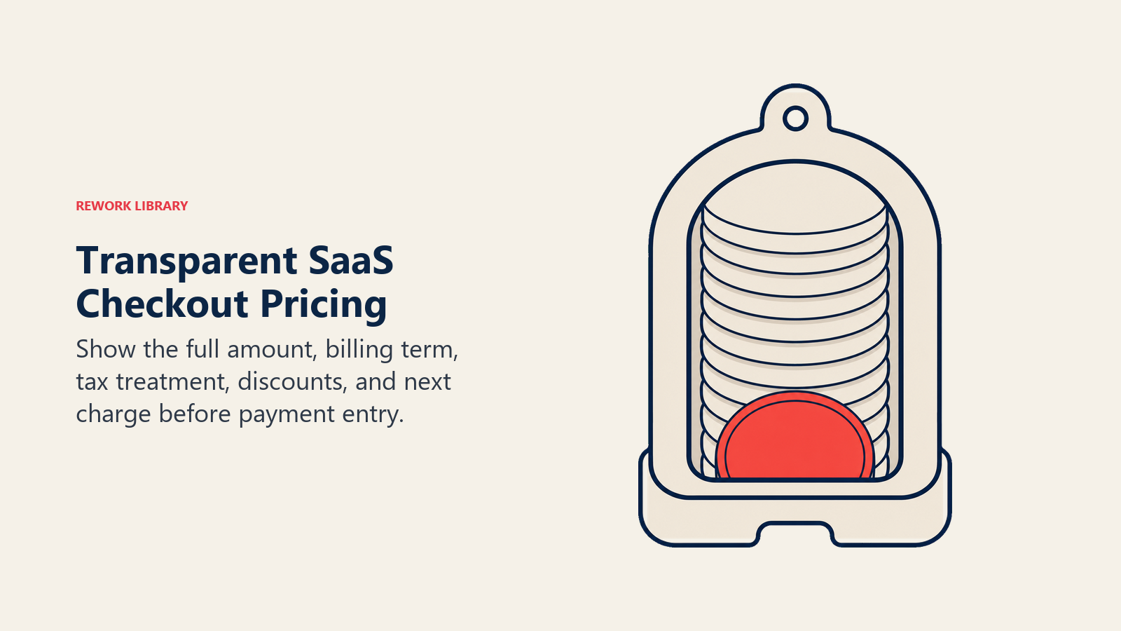 Transparent SaaS Checkout Pricing illustrated with a clear glass-like total window over cost tokens in Rework editorial style