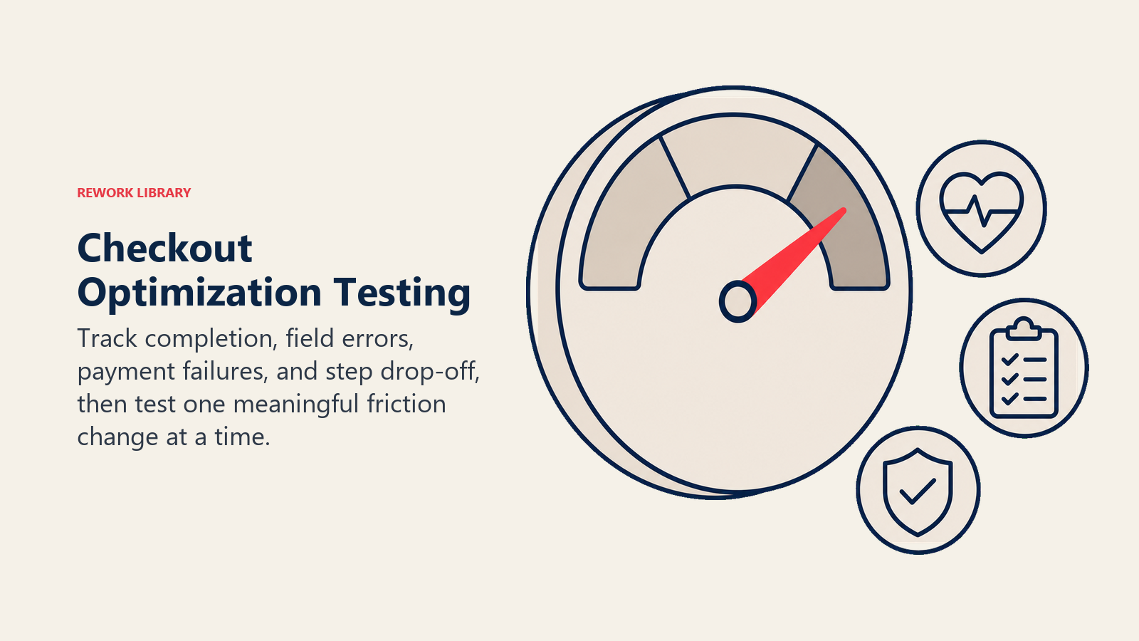 Checkout Optimization Testing illustrated with a checkout health dial with test tokens in Rework editorial style